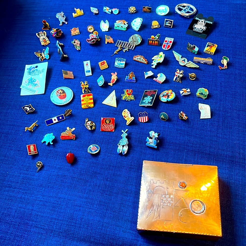 Collection of 70+ pins and 1 jewelry box.
